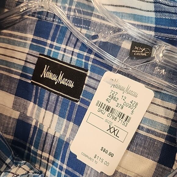 Neiman Marcus Men XXL Short Sleeve Linen Button Shirt Blue White Check - Picture 3 of 8
